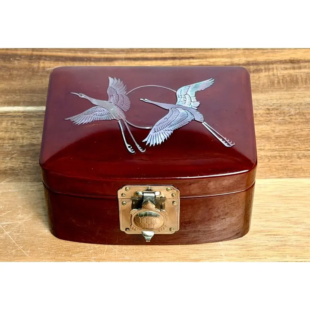 Vintage Lacquer Jewelry Box: Cranes, Turtle Clasp, Red Velvet Lined Asian Decor